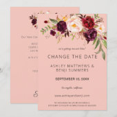 Burgundy Marsala Floral Change the Date - Roze 2 Kaart (Voorkant / Achterkant)
