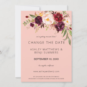Burgundy Marsala Floral Change the Date - Roze 2 Kaart