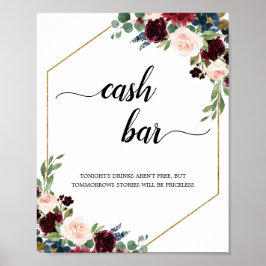 Burgundy Marsala Floral Geometric Cash Bar Sign Poster