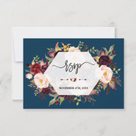 Burgundy Marsala Floral Geometric Navy Wedding RSVP Kaartje