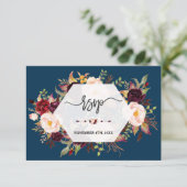 Burgundy Marsala Floral Geometric Navy Wedding RSVP Kaartje (Staand voorkant)