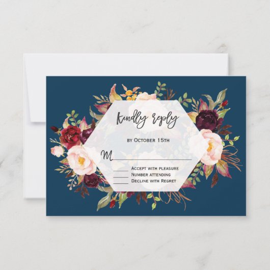 Burgundy Marsala Floral Geometric Navy Wedding RSVP Kaartje (Achterkant)