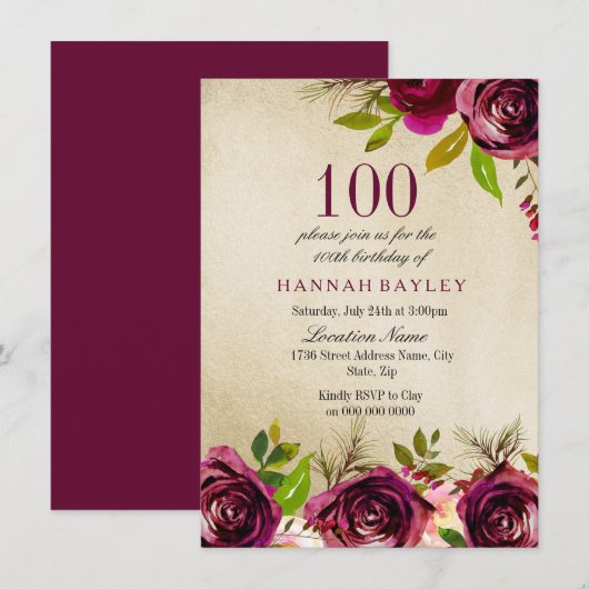 Burgundy Marsala Floral Gold 100th Birthday Invite Kaart (Voorkant / Achterkant)