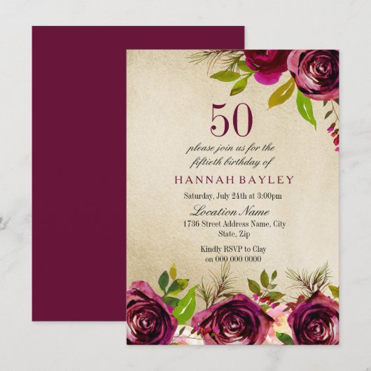 Burgundy Marsala Floral Gold 50th Birthday Invite Kaart (Voorkant / Achterkant)