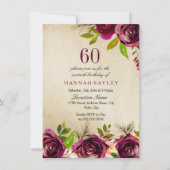 Burgundy Marsala Floral Gold 60th Birthday Invite Kaart (Voorkant)