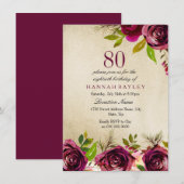 Burgundy Marsala Floral Gold 80th Birthday Invite Kaart (Voorkant / Achterkant)