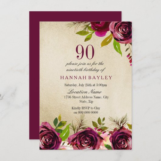 Burgundy Marsala Floral Gold 90th Birthday Invite Kaart (Voorkant / Achterkant)