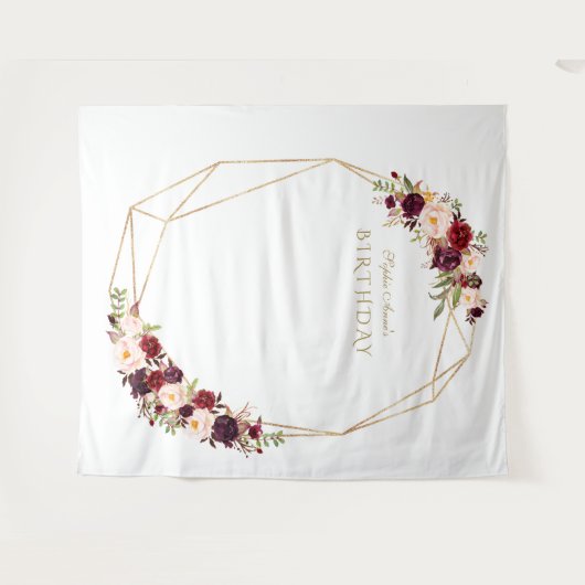 Burgundy Marsala Floral Gold Birthday Photo Booth Wandkleed (Voorkant (horizontaal))