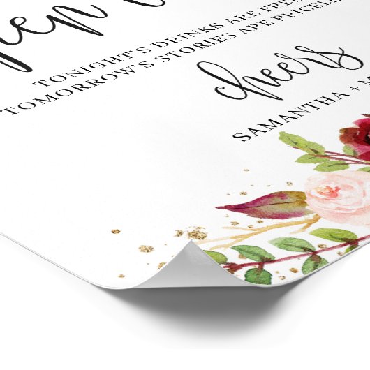 Burgundy marsala floral gold boho open bar sign poster (Hoek)