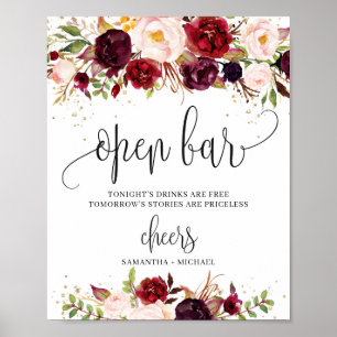 Burgundy marsala floral gold boho open bar sign poster
