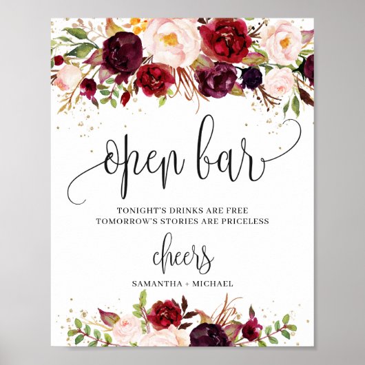 Burgundy marsala floral gold boho open bar sign poster (Voorkant)