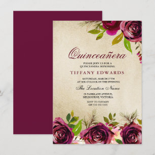 Burgundy Marsala Floral Gold Quinceañera Invite Kaart