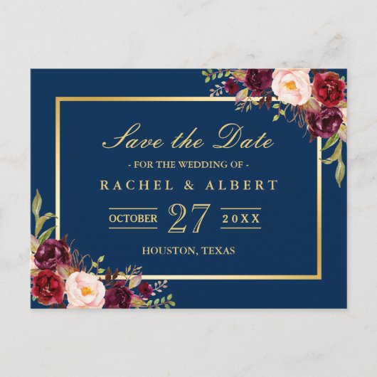Burgundy Marsala Floral Gold Wedding Save the Date Aankondigingskaart (Voorkant)