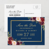 Burgundy Marsala Floral Gold Wedding Save the Date Briefkaart (Voorkant / Achterkant)