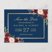 Burgundy Marsala Floral Gold Wedding Save the Date Briefkaart (Voorkant)