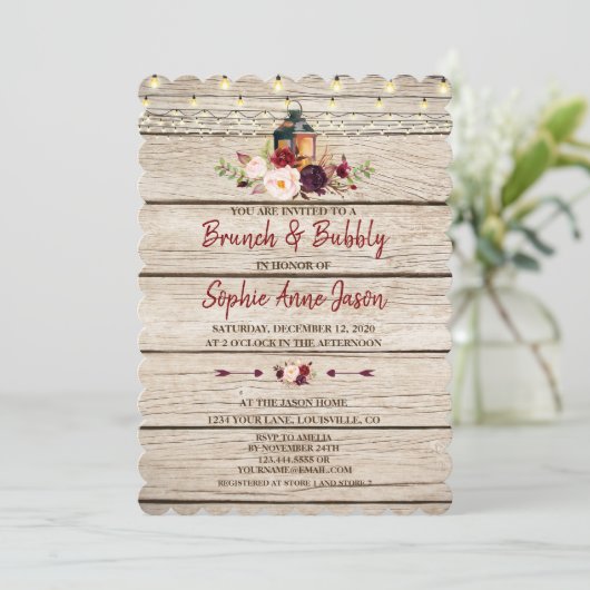 Burgundy Marsala Floral Lantern Brunch & Bubble Kaart (Staand voorkant)