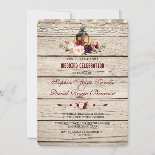 Burgundy Marsala Floral Lantern Wedding Invite Kaart (Voorkant)
