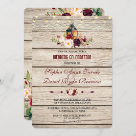 Burgundy Marsala Floral Lantern Wedding Invite Kaart