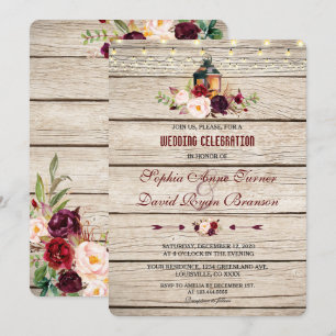 Burgundy Marsala Floral Lantern Wedding Invite Kaart