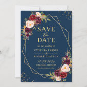 Burgundy Marsala Floral Navy Blue Gold Geometric Save The Date (Voorkant)
