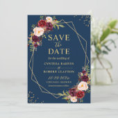 Burgundy Marsala Floral Navy Blue Gold Geometric Save The Date (Staand voorkant)