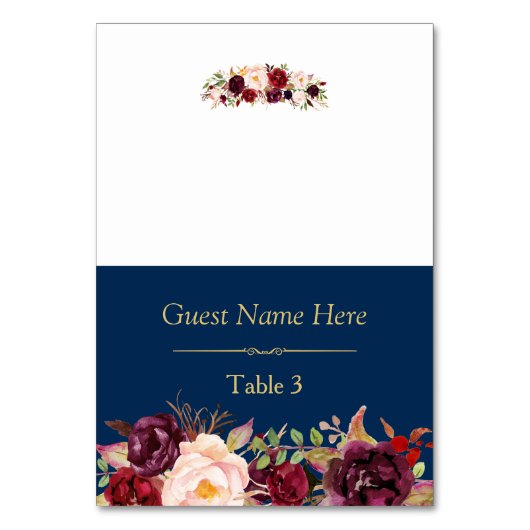 Burgundy Marsala Floral Navy Blue Wedding Place Kaart (Voorkant)