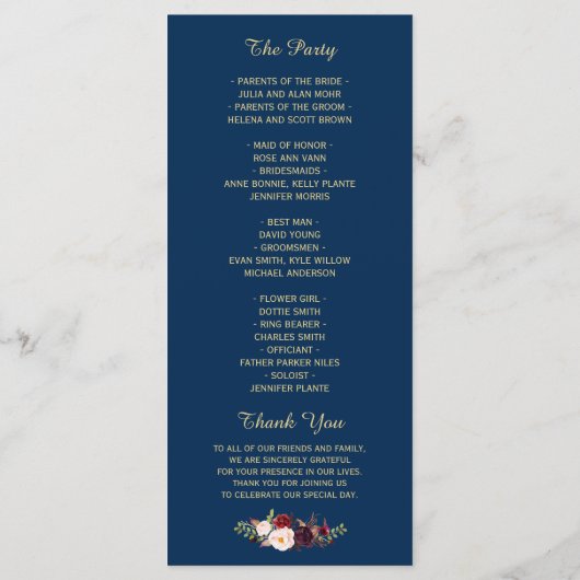 Burgundy Marsala Floral Navy Blue Wedding Program Programmakaart (Achterkant)