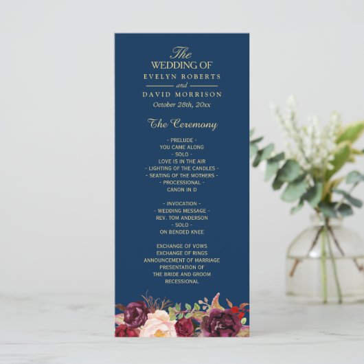 Burgundy Marsala Floral Navy Blue Wedding Program Programmakaart (Staand voorkant)