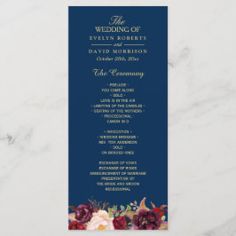 Burgundy Marsala Floral Navy Blue Wedding Program Programmakaart
