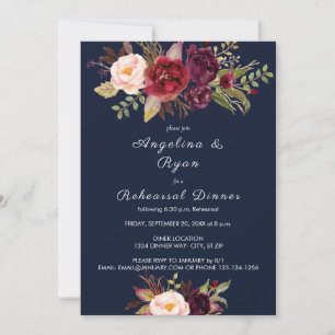 Burgundy Marsala Floral Rehearsal Dinner - Navy Kaart