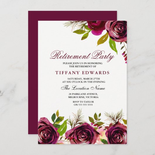 Burgundy Marsala Floral Retirement Party Invite Kaart (Voorkant / Achterkant)