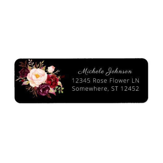 Burgundy Marsala Floral Return Address 2 Black Etiket (Voorkant)