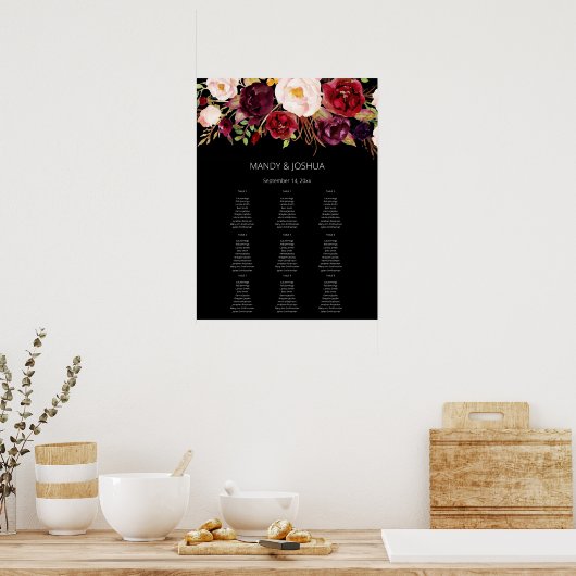 Burgundy Marsala Floral Seating Chart -9 Black Poster (Keuken)