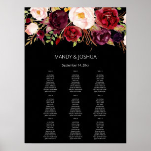 Burgundy Marsala Floral Seating Chart -9 Black Poster