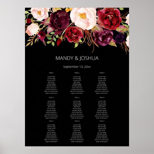 Burgundy Marsala Floral Seating Chart -9 Black Poster (Voorkant)