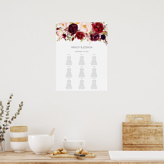 Burgundy Marsala Floral Seating Chart -9 White Poster (Keuken)