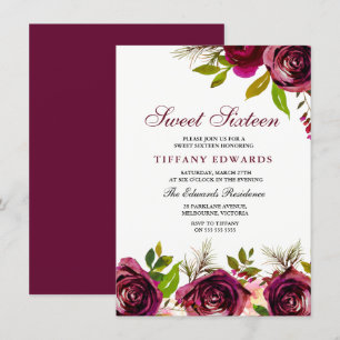 Burgundy Marsala Floral Sweet 16 Uitnodiging
