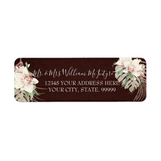 Burgundy Marsala Floral Tropical Foliage Wedding Etiket (Voorkant)
