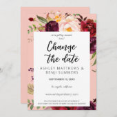 Burgundy Marsala Floral verander de datum Roze 2 V Kaart (Voorkant / Achterkant)