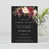Burgundy Marsala Floral verander de datum - zwart Kaart (Staand voorkant)