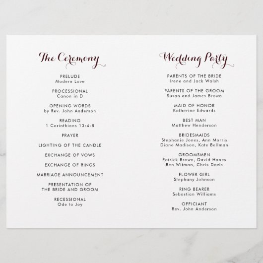 Burgundy Marsala Floral vouded Wedding Programme (Achterkant)