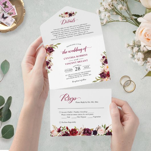 Burgundy Marsala Floral Wedding Details RSVP All In One Uitnodiging
