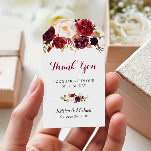 Burgundy Marsala Floral Wedding Favor Dank je Cadeaulabel