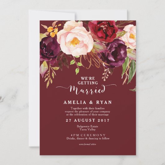 Burgundy Marsala Floral Wedding Invitation Kaart (Voorkant)