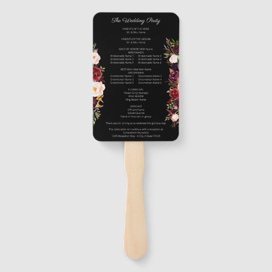 Burgundy Marsala Floral Wedding Program Black V2 Handwaaier (Achterkant)
