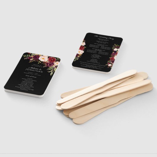 Burgundy Marsala Floral Wedding Program Black V2 Handwaaier (Niet-gemonteerd)