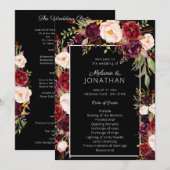 Burgundy Marsala Floral Wedding Program Black V3 Kaart (Voorkant / Achterkant)
