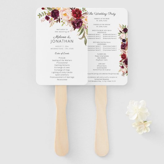 Burgundy Marsala Floral Wedding Program White V2 Handwaaier (Voorkant en achterkant)