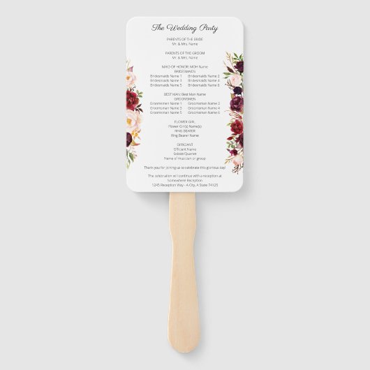 Burgundy Marsala Floral Wedding Program White V2 Handwaaier (Achterkant)