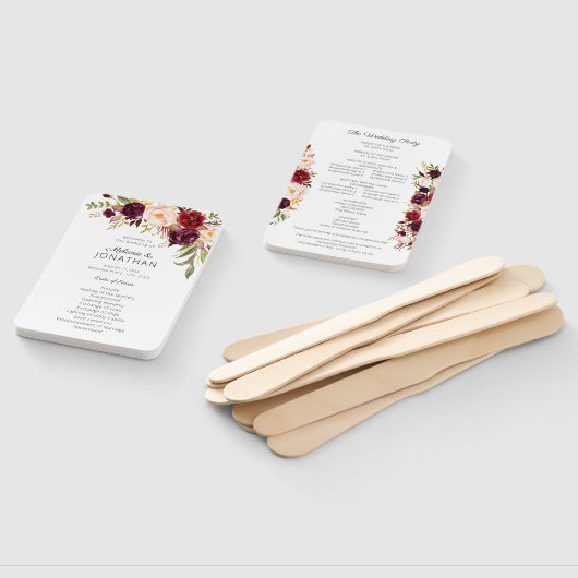 Burgundy Marsala Floral Wedding Program White V2 Handwaaier (Niet-gemonteerd)